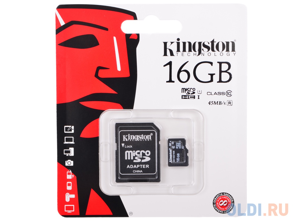 карта памяти TransFlash 16ГБ MicroSDHC Class 10 UHS-I Kingston, SDC10G2/16GB, адаптер