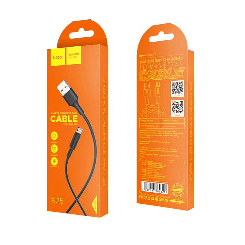 Кабель USB-MicroUSB Hoco X25 Soarer, 1м, черный