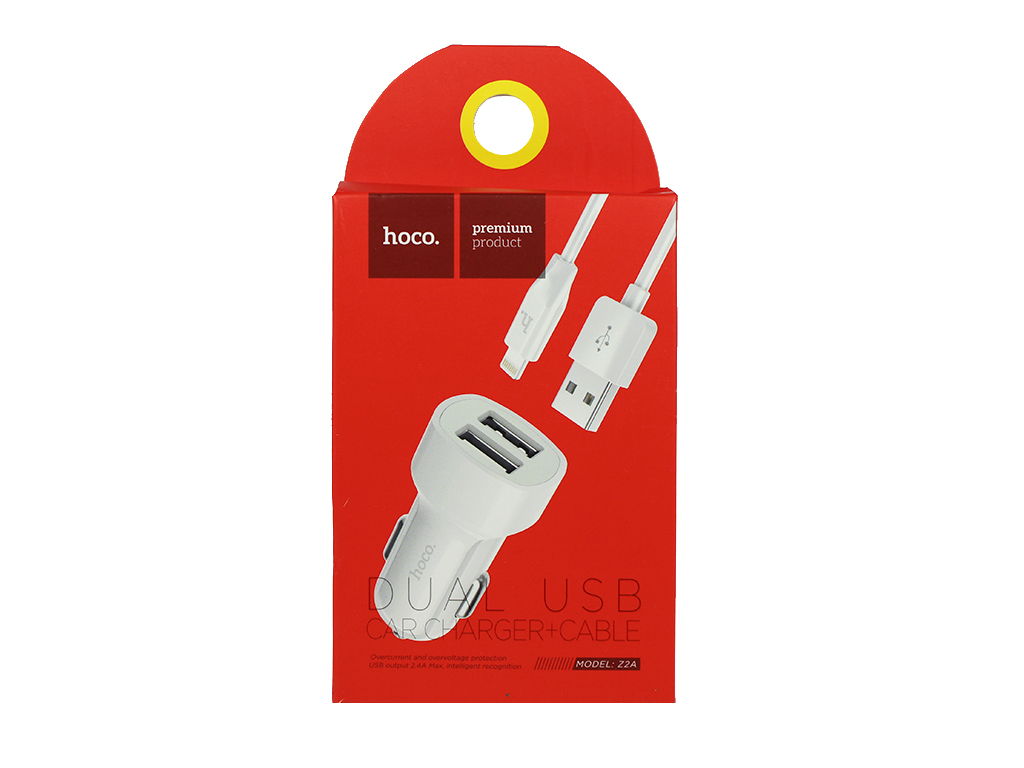 Автомобильное зарядное устройство Hoco Z2A, 2xUSB, Lightning, белый
