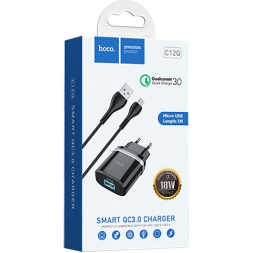 СЗУ Hoco C12Q 1 USB + кабель USB-MicroUSB, чёрный