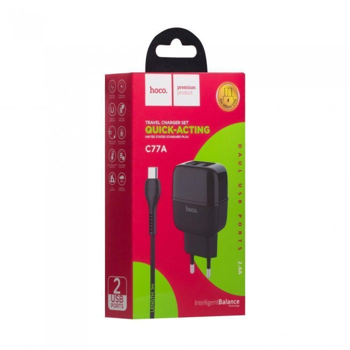 Зарядное устройство с USB HOCO C77A + TYPE-C чёрный