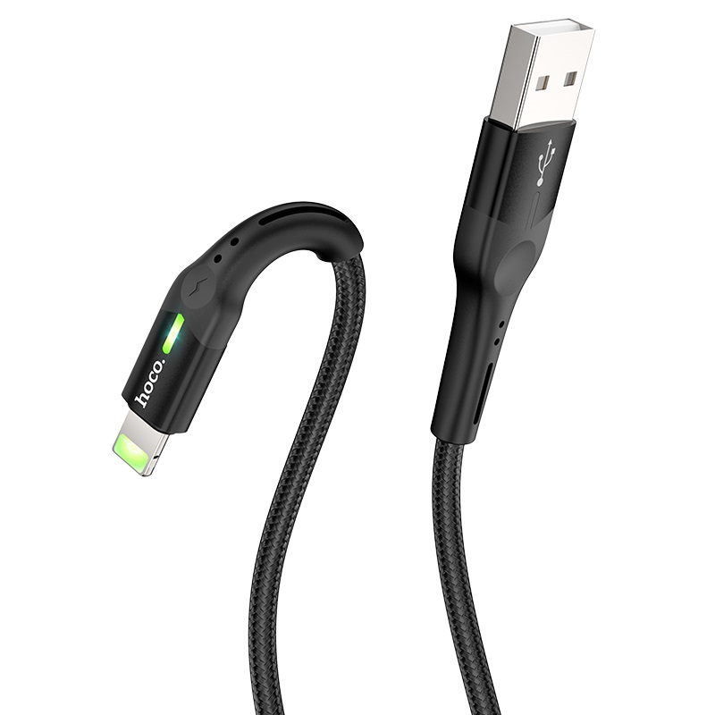 Кабель USB - Lightning HOCO S24, 3A чёрный в оплётке LED индикатор 1.2м